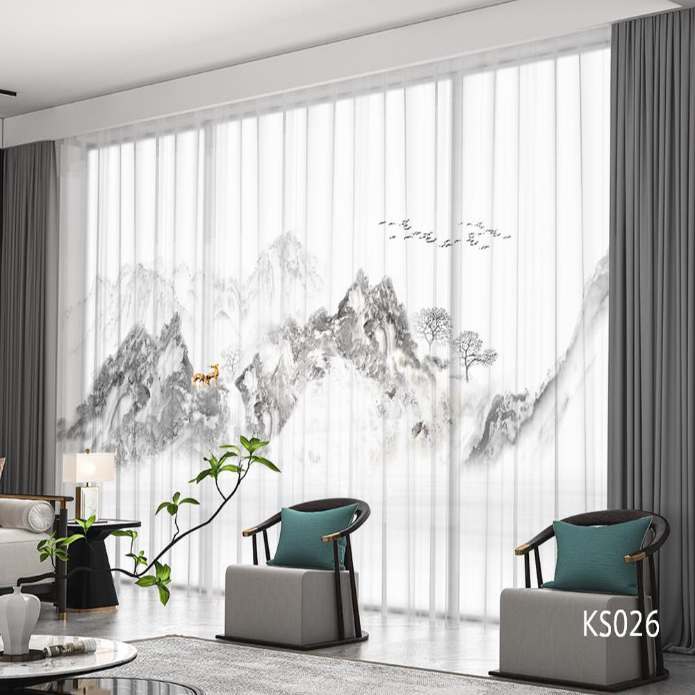 YL-36690 modern new Chinese style ink landscape painting scenery living room study high-end bedroom famous curtain Zen gauze curtain