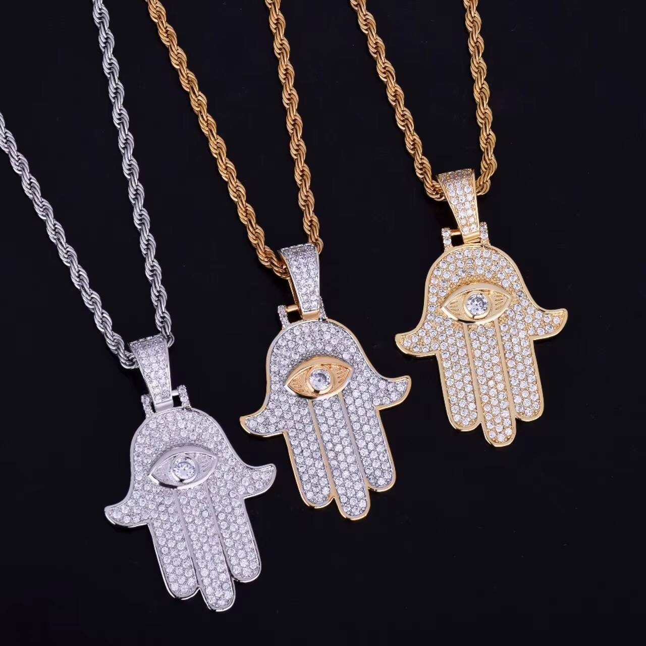 New Design VVS Diamond CZ Fatima Hamsa Hand Pendant Luxury Ice out Good Luck Necklace with Moissanite Hip Hop Pendants Charms