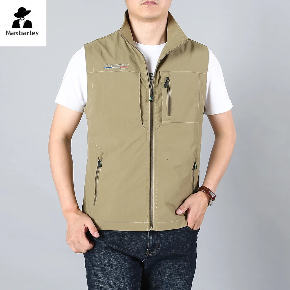 Mens Waistcoat Jackets Outdoor Fishing Vest 2024 Summer Solid Color Stand Collar Climbing Hiking Work Sleeveless With Pocket 250725