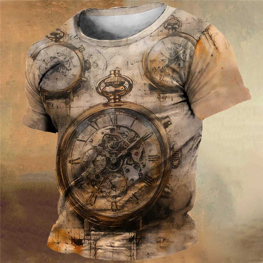 Vintage Mens T-Shirt Summer Compass Printed T-Shirt Tops Casual Short-Sleeve Tees Daily Mens Clothing Oversized Streetwear Y250724