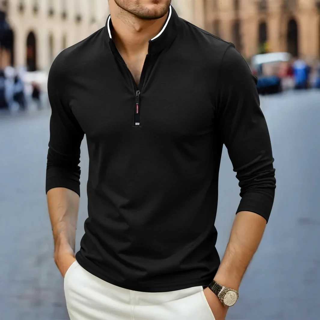 2025 New Mens Casual Fashion Solid Color Long Sleeve Polo Shirt Stand Up Collar Versatile Comfortable Top XJ250725