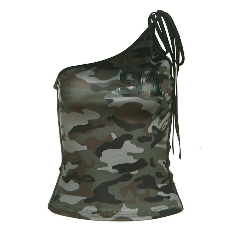 2025 Summer New Hot Girl Camouflage Strap Design Slim Fit One-Shoulder Slimming Versatile Top for Women 87a