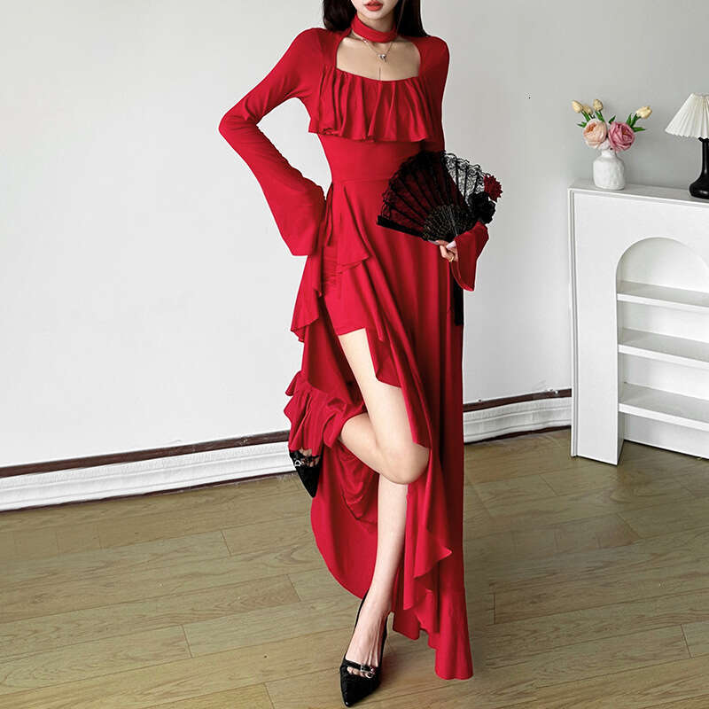 2024 Autumn Winter New Solid Color Sexy Long Sleeve Square Neck High Waist Mid-Length Dress c15