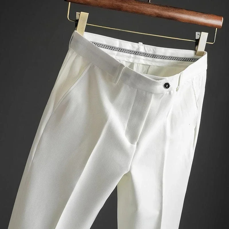 Slim Fit 9 Cropped Male Suit Trousers White Mens Summer Pants Tressed High Quality Up Stylish Formal 2024 Slacks 250725