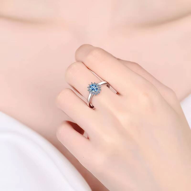 Blue Color Elegant Wedding Jewelry Diamond Moissanite Rings Solid 925 Sterling Silver for Women
