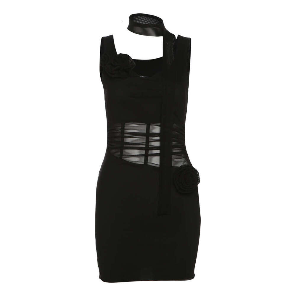 2024 Spring New Women's Solid Color Slim High Waist Fashion V-neck Strap Mesh Dress 24c