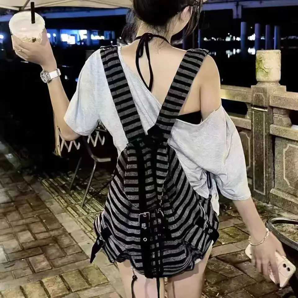 High Quality Korean Style Backpacks Drawstring Design Large Capacity Casual Bookbags Soft Flat Stripe Tote Bags Y250724