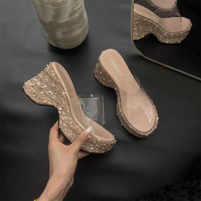 Summer Versatile Casual Thick-Soled Slippers Fashion Sequin Transparent One-Strap Women's Square-Toe Wedge High-Heel Sandals ddmythur