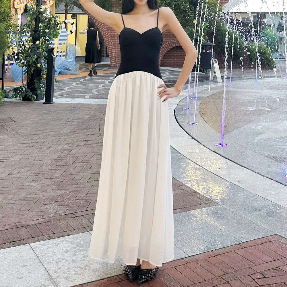 2025 Summer New Color-Block Patchwork Niche High-End Slim Fit Elegant Off-Shoulder Sleeveless Dress a74