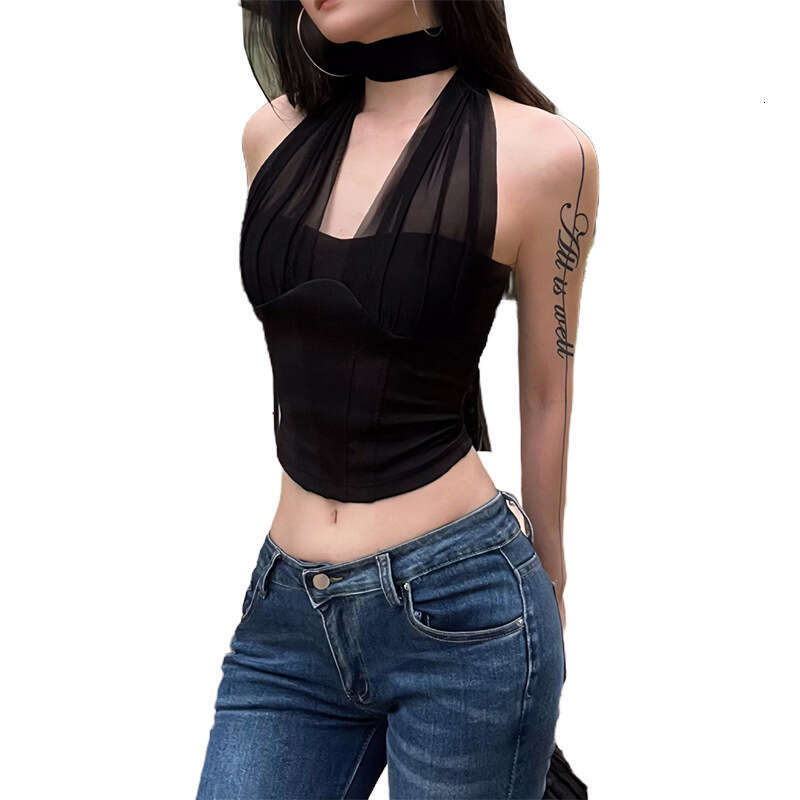 2025 Summer New Women's Solid Color Sexy Halter Neck Faux Fishbone Crop Top Vest b2f