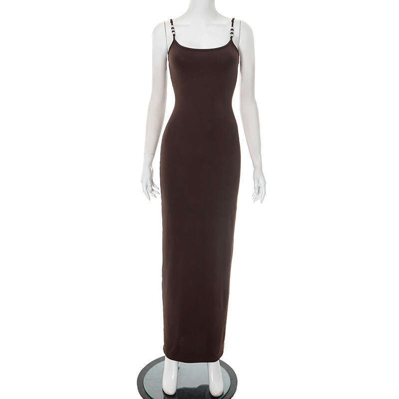 J25ds1 Women's Summer New Solid Color Strap Beaded Backless Sexy Dress B5