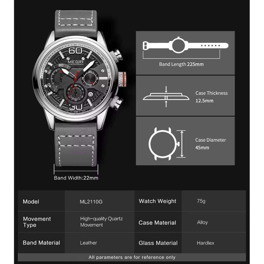 MEGIR Men's Oversized Chronograph Watch - 53mm Genuine Leather, Waterproof, Luminous - Bulk Wholesale Watches