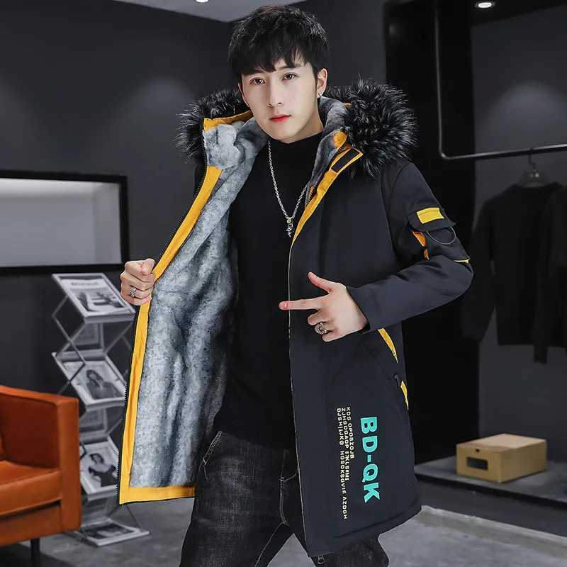 Autumn Winter Mens Fleece Mid-Length Hooded Jackets Fur Collar Thick Warm Windbreaker Streetwear Long Coat Parka X250725