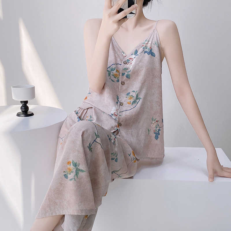 Women's light luxury cotton silk pajamas, two-piece set for spring, summer and autumn, loose and simple, plain color, halter top and cardigan set