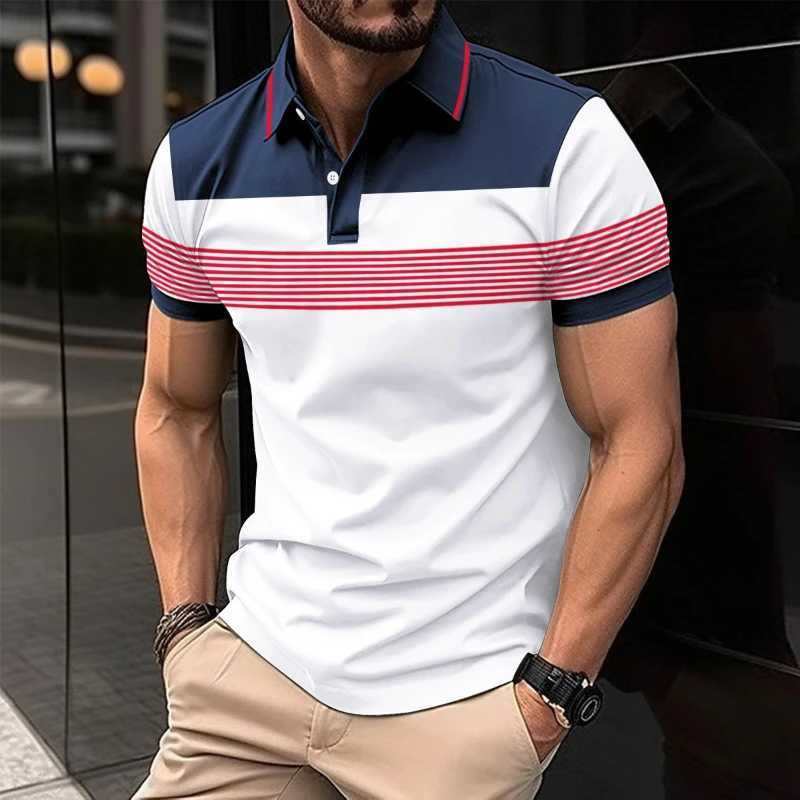 Business Casual Men Polo Shirts Summer New Lapel Striped Button Contrast Color Streetwear Fashion Office Social Short Sleeve Top XJ250725