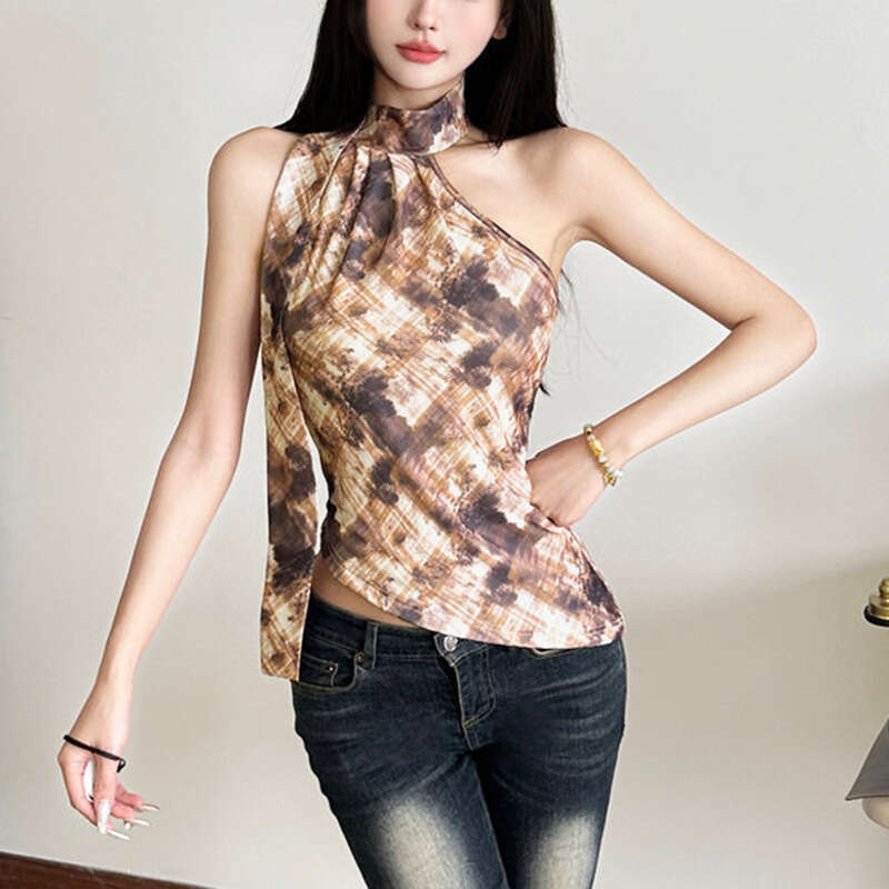 2025 Women's Spring Summer New Street Fashion Sexy Halter Neck Plaid Irregular Vest 115