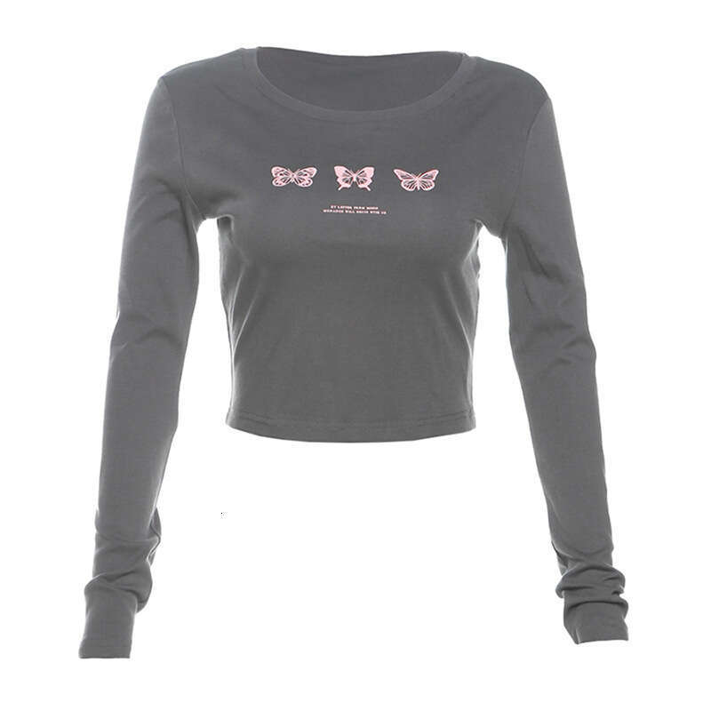 2024 Autumn New Women's Solid Color Slim Fit Crop Fashion Round Neck Printed Long Sleeve Top 876
