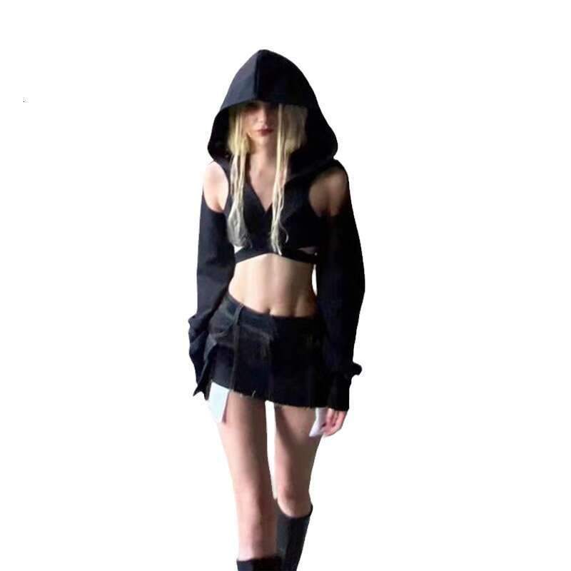 2023 Summer New Women's Fashion Solid Color Slim Fit Crop Top Fashionable Hooded Long Sleeve T-Shirt for Women 485