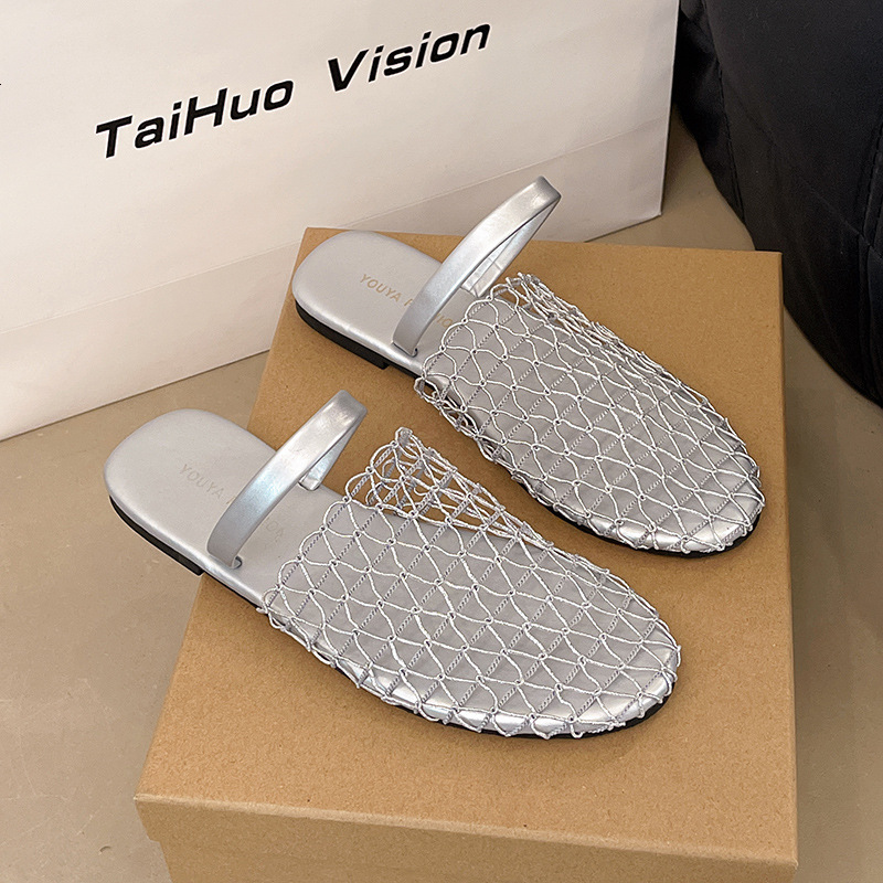 Ddmysports French Style Fishnet Toe Cap Half Slippers For Women Summer Outdoor New Mesh Hollow Woven Roman Sandals Outdoor Shoes