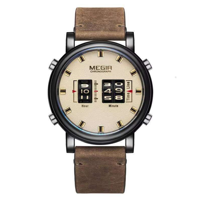DHgargets MEGIR Men's Roller Watch - Unique Digital Display, 30M Waterproof, Leather Strap, Fashion Wristwatch