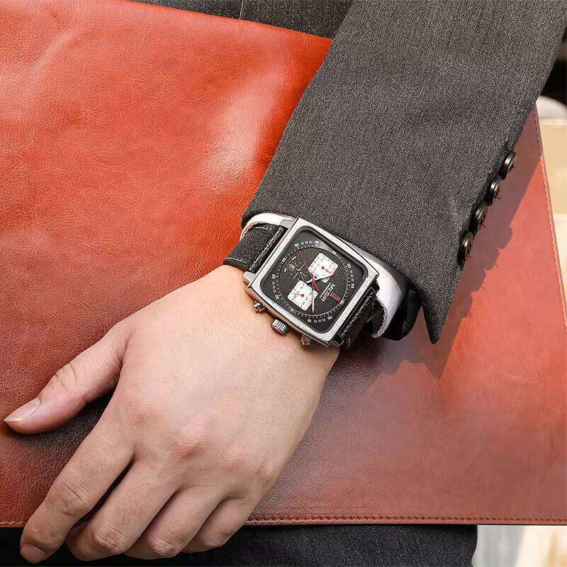 DHgargets MEGIR Men's Square Chronograph Watch - Leather Strap, Luminous, 30M Waterproof, Business Quartz Wristwatch