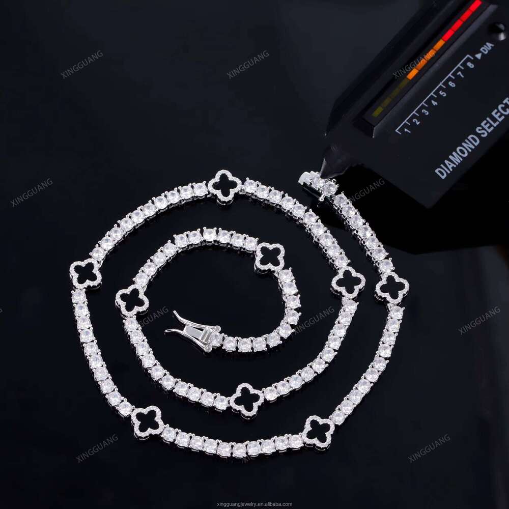 XingGuang Hiphop Cuban Sterling Sier VVS Moissanite Dia Four Leaf Clover Bracelet 3mm 4mm Tennis Chain