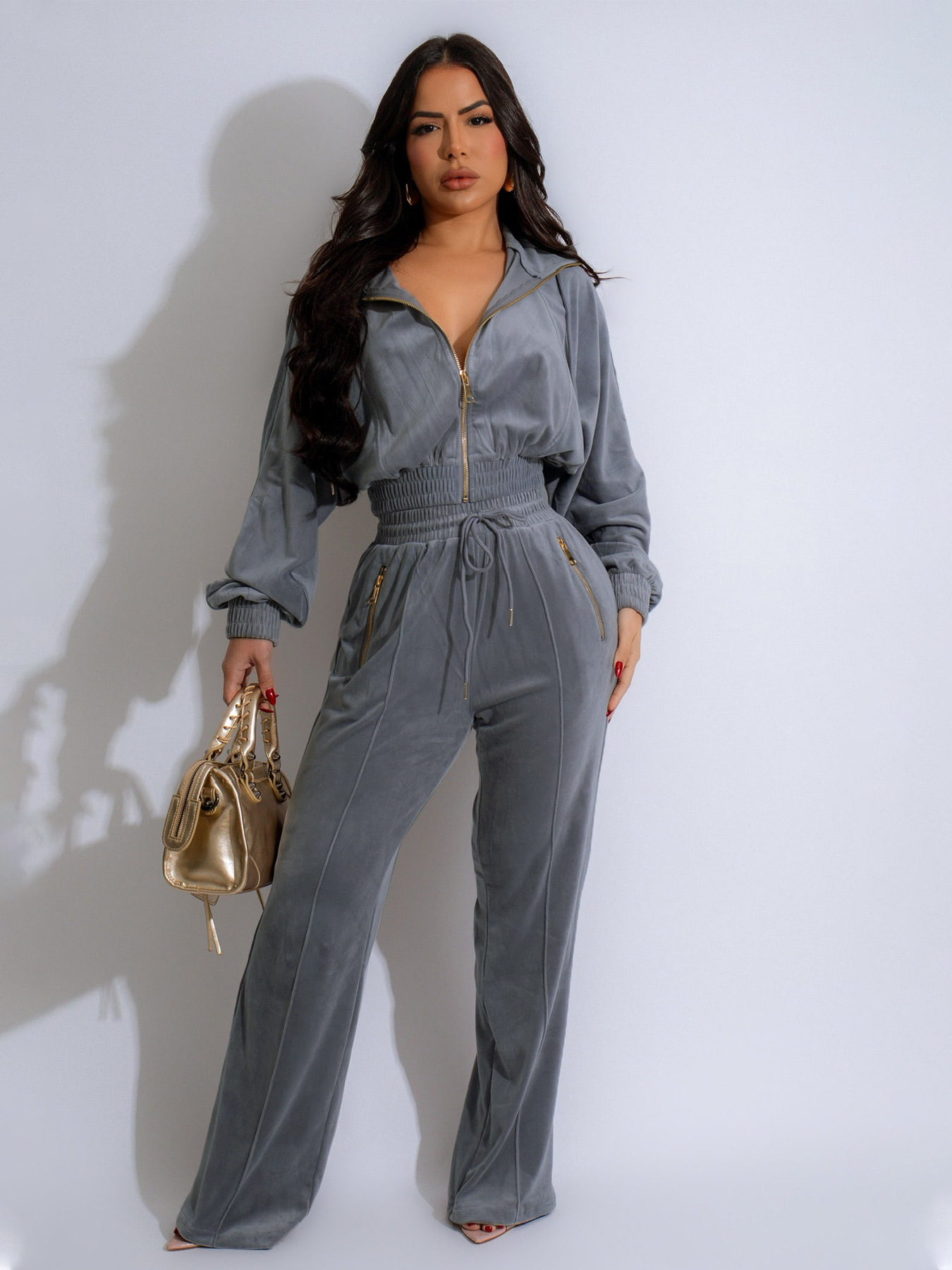 TW575 Fashion Womens Long Sleeve Turn-Down Collar Zipper Cardigan Long Pants Winter Two-Piece Set 2