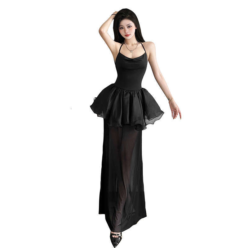 2025 Summer New Halter Neck Sleeveless Backless Slim Fit Extended Versatile Black Dress for Women 950