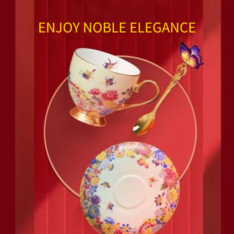 Cups & Saucers Retro French light luxury ancient porcelain enamel color set