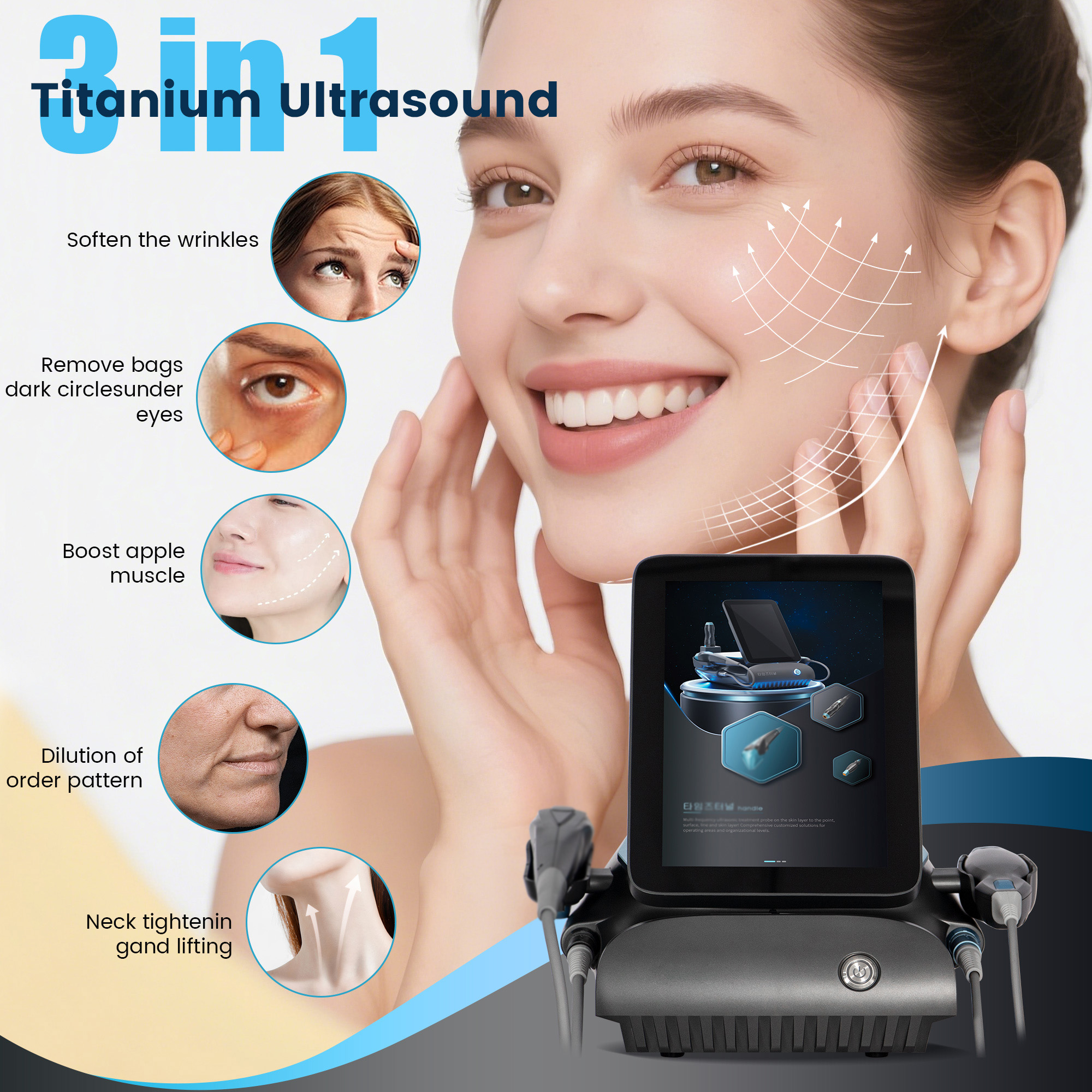 Professional Titanium HIFU 3-in-1 Ultrasonic RF Anti-Aging Machine with 3 Handles for Face & Body Lifting - Salon & Home Use
