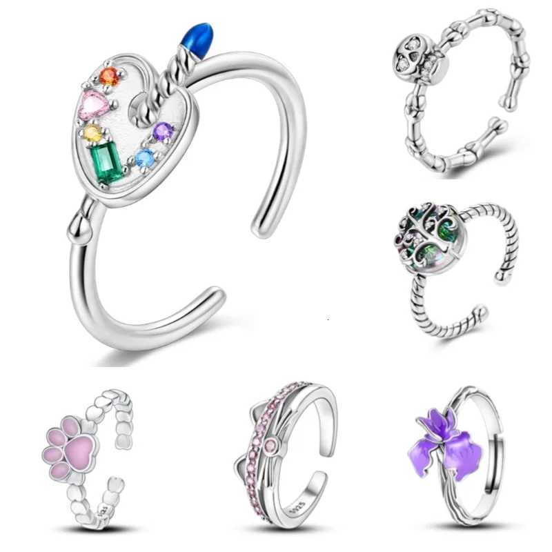 Womens Clover Ring Original 925 Silver Zircon Adjustable Skull Butterfly Flower Finger Open Ring Birthday Jewelry Gift W250417