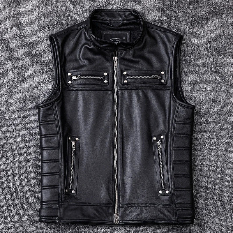 2025 Genuine Cowhide Leather Vest Mens Motorcycle Biker Vests High Quality Stand Collar Sleeveless Jackets Zipper Waistcoat 250725