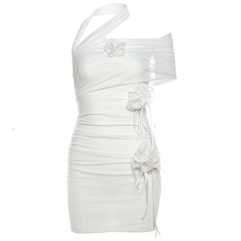 2024 Summer New Women's Solid Color Sexy Asymmetrical Neck Mesh High Waist Bodycon Dress 55a