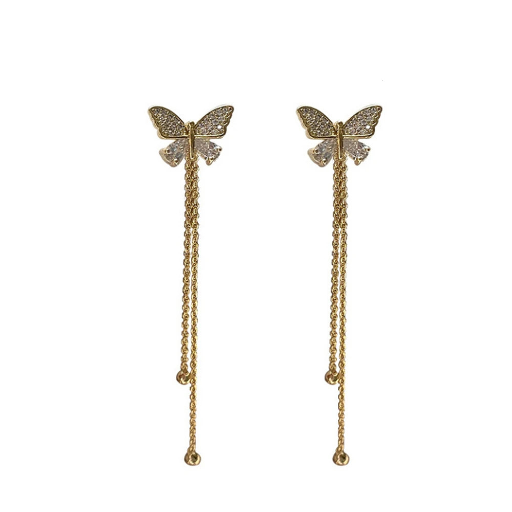 Delicate Gold Color Butterfly Zircon Tassel Earrings Fashion Women Party Jewelry Summer Trend Accessories Valentines Day Gifts 250715