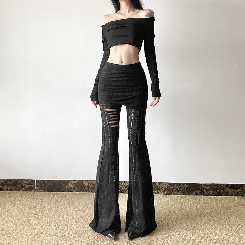 2024 Autumn New Women's Solid Color Slim Street Fashion High Waist Casual Ripped Flared Pants b19