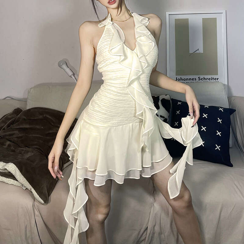 2022 Spring New Women's Solid Color Slim High Waist Fashion Halter Sexy Backless Dress 3a7