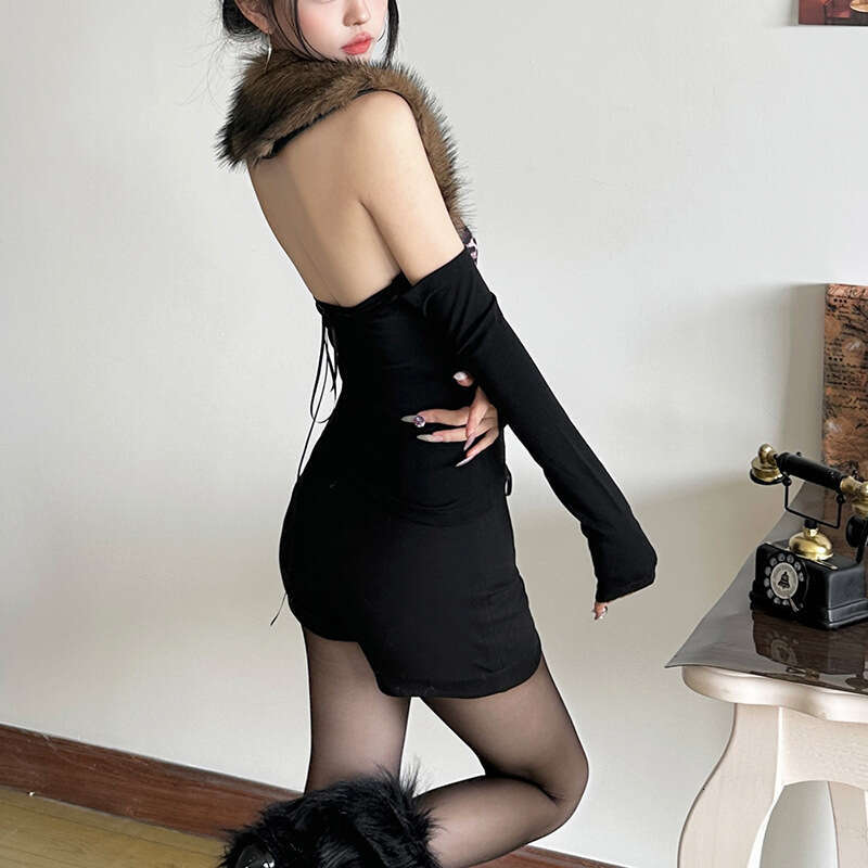 2024 Autumn Winter New Sexy Sleeveless Shawl Halter Off-Shoulder Slim Top Two-Piece Set for Women 272