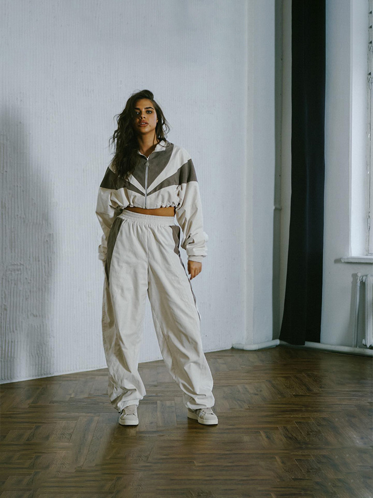 Loose Casual Womens Fashion Color-Block Long Sleeve Sports Cardigan and Pants Two-Piece Set Womens Pants Suit