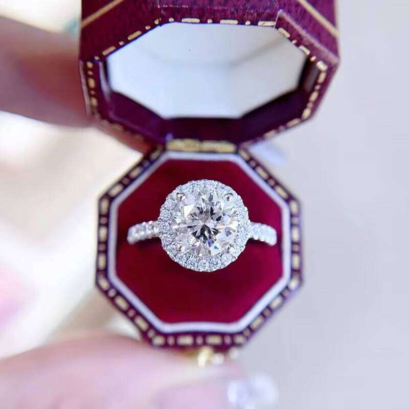 GRA Certified Fancy Round Shape White Color Moissanite Halo Solid Gold Dia Wedding Ring