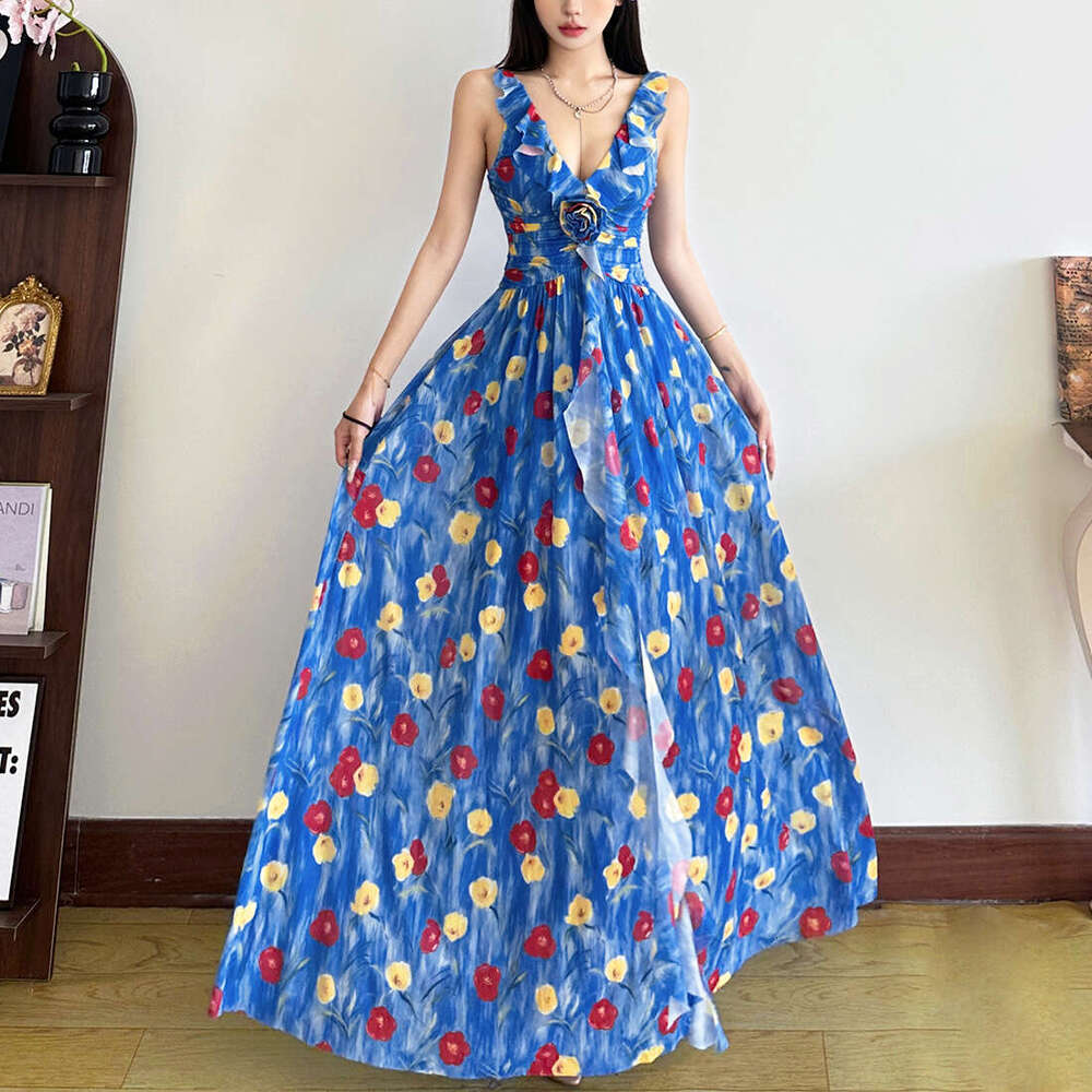 2025 Summer New French Style Waist-Cinching V-Neck Slim Fit Three-Dimensional Floral Sleeveless Versatile Long Dress 7d5