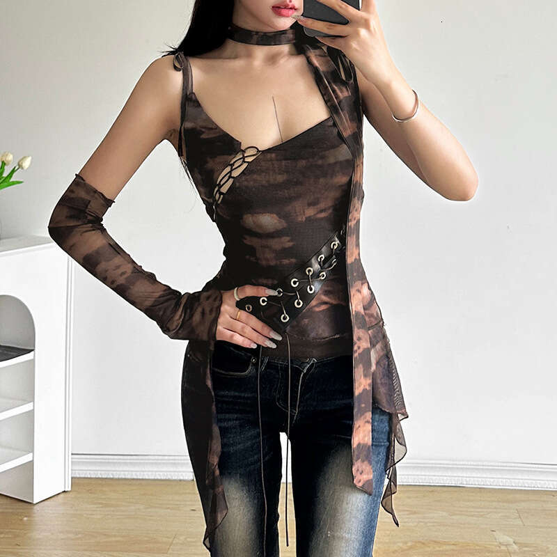 2024 Summer New Fashion Women's Sexy Camisole Mesh Tank Single Sleeve Top 774