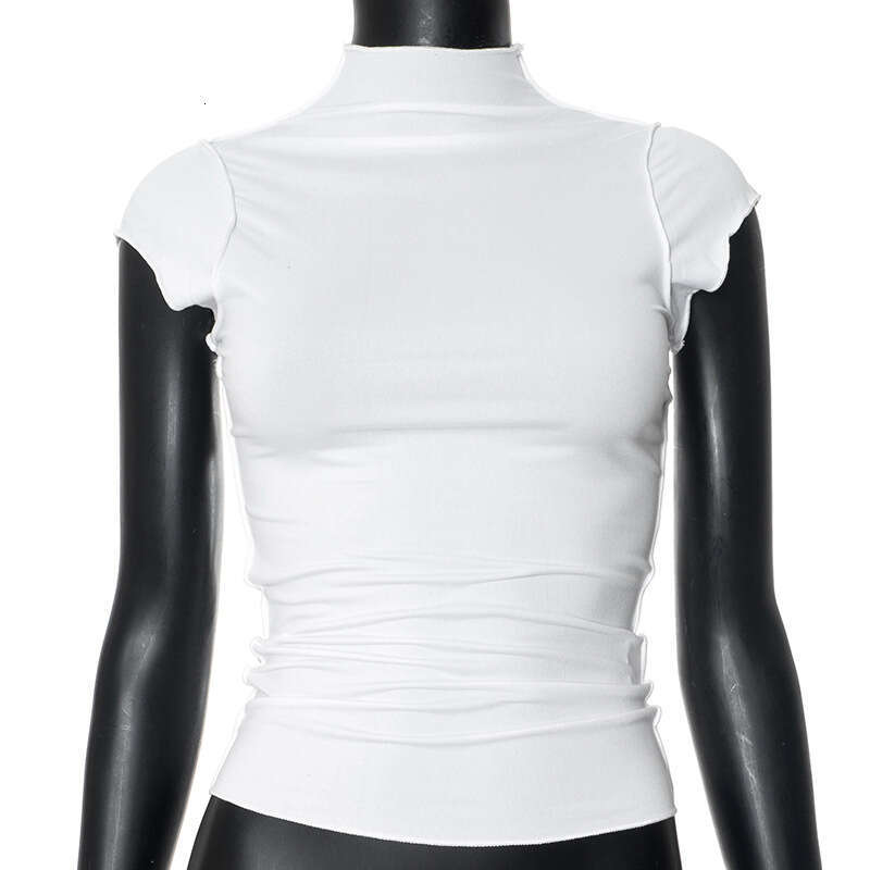Qtp013 Women's Summer New Solid Color Half High Neck Sleeveless Crop Top Ruffled Vest T-Shirt B5