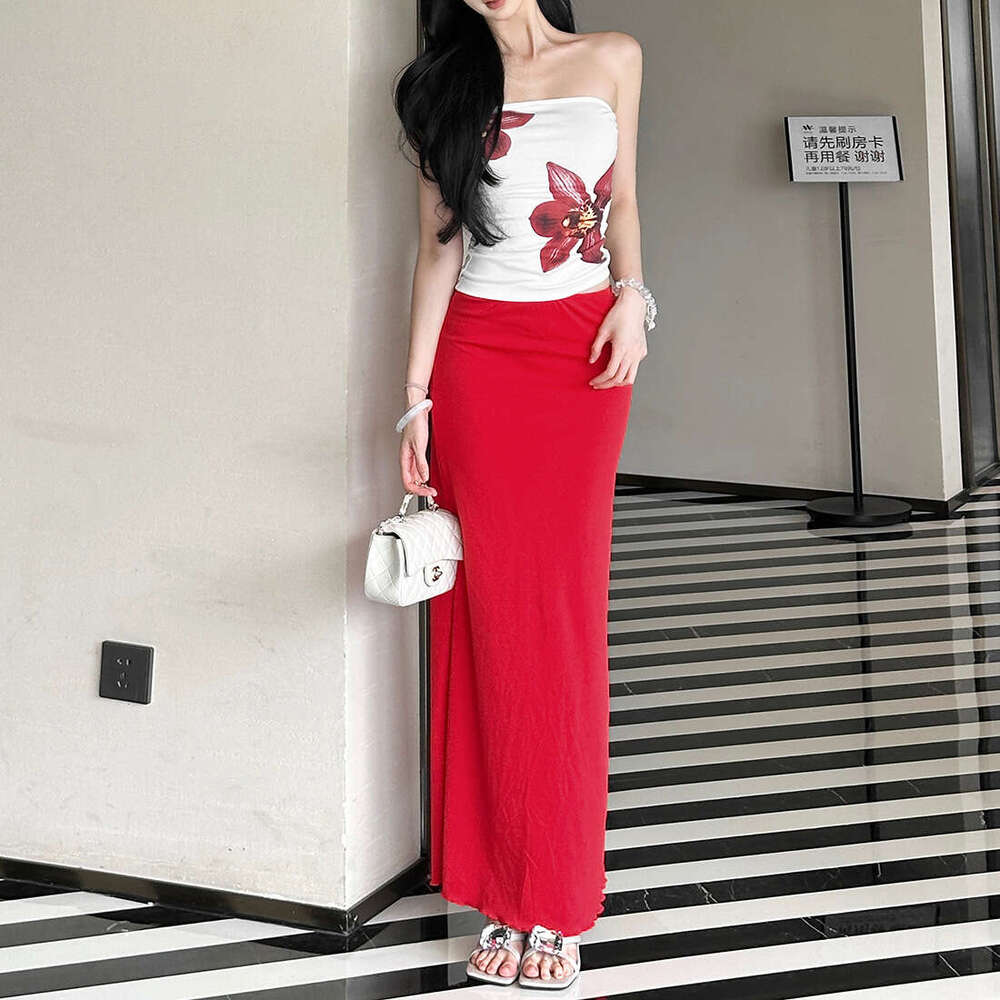 2025 Summer New Pure Desire Elegant Slim Fit Printed Top Solid Color High Waist Skirt Set for Women f38