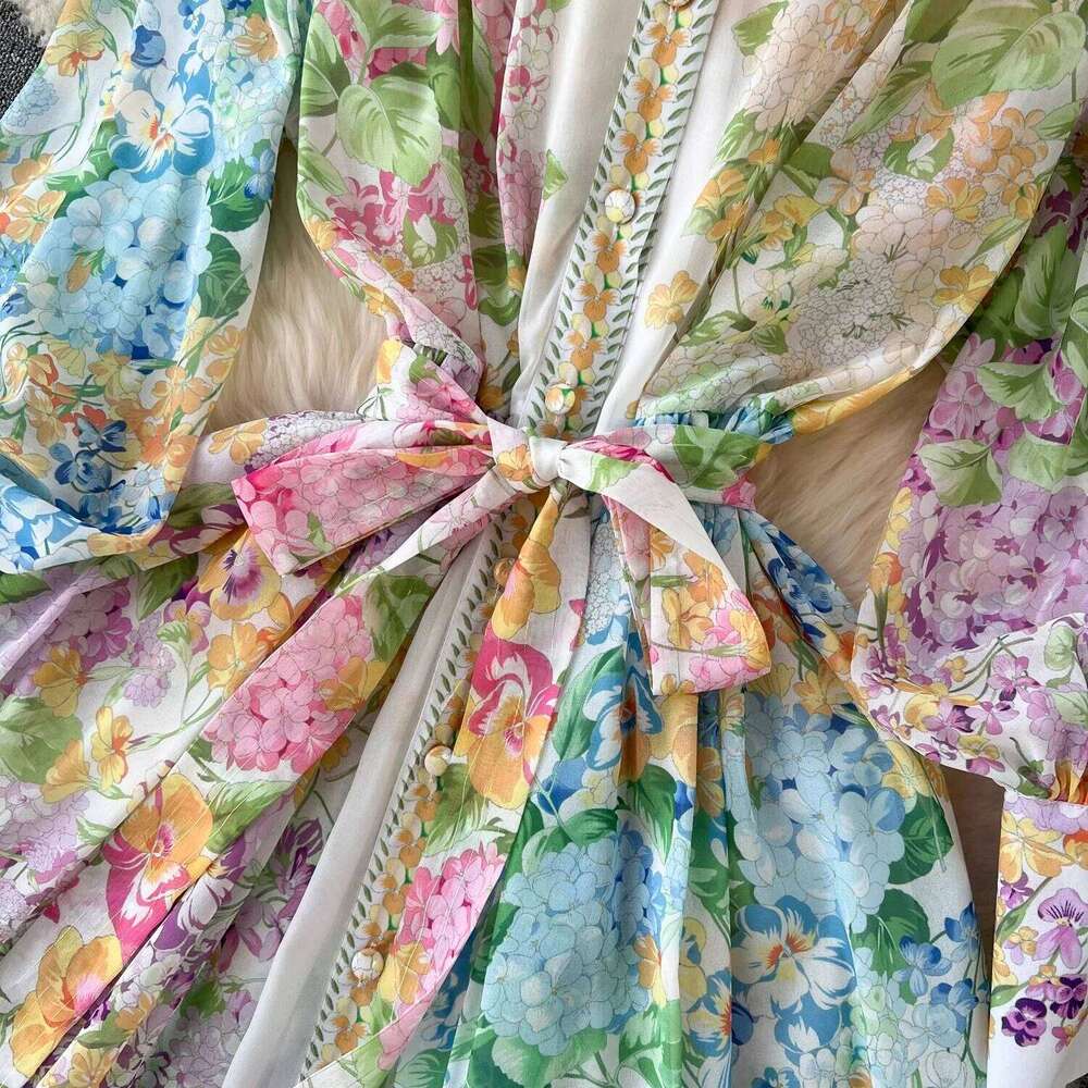 Fashion Runway Gorgeous Flower Holiday Chiffon Dress Women Stand Long Lantern Sleeve Floral Print Belt Lace Up Boho Robe Vestido