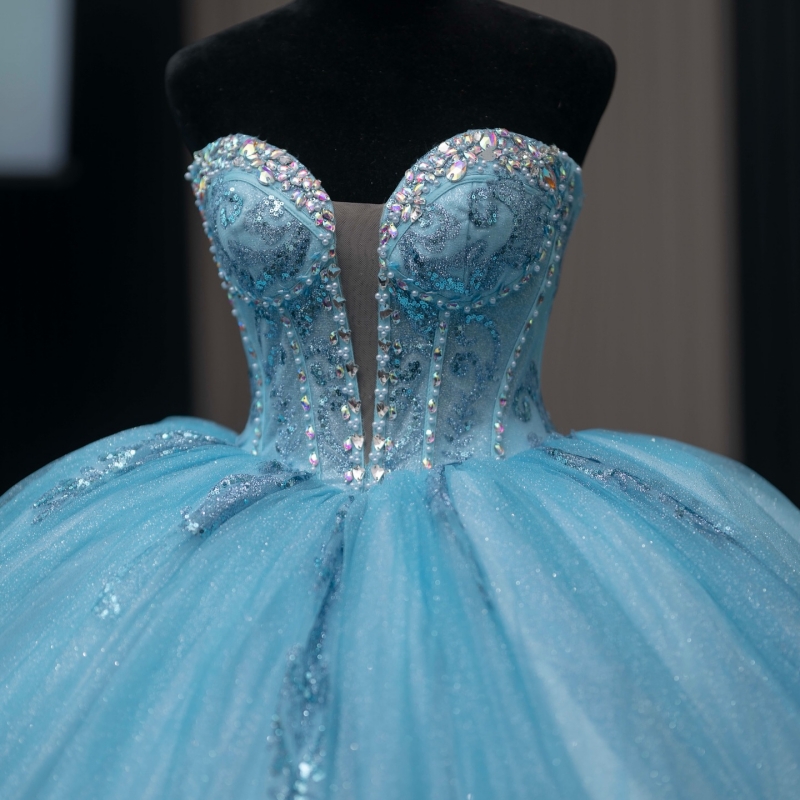 Sky Blue Quinceanera Dresses Ball Gown Off The Shoulder Applique Lace Beads Tull Corset Party Birthday Sweet 16 Dress Vestidos 15 Anos