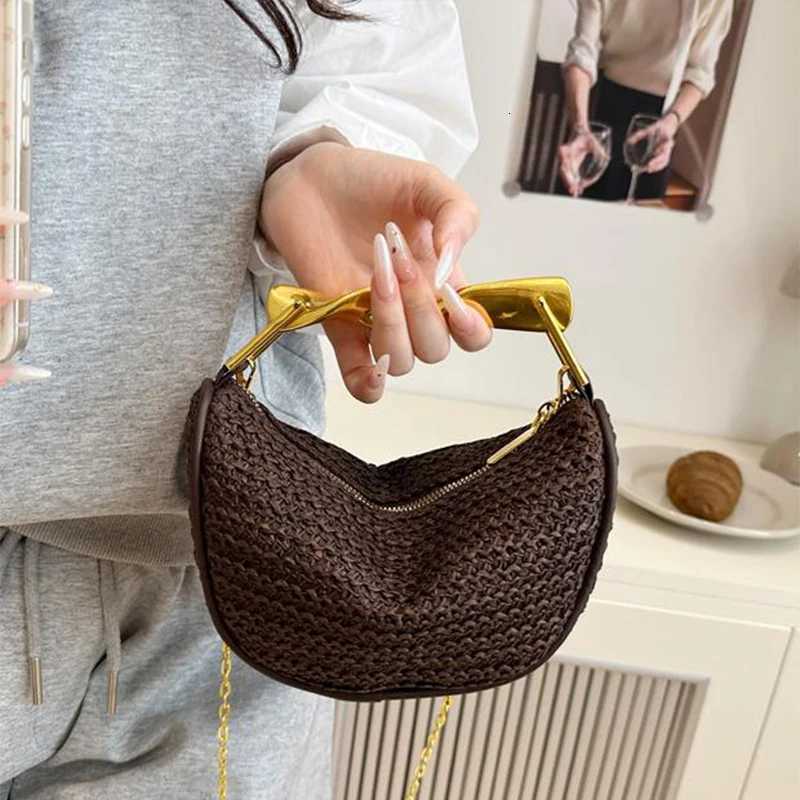 2025 Str Woven Bag Chain Gold Handle Str Cluh Purse Large Capacity Stylish Crossbody Bag Solid Color for Summer Beach Y250725
