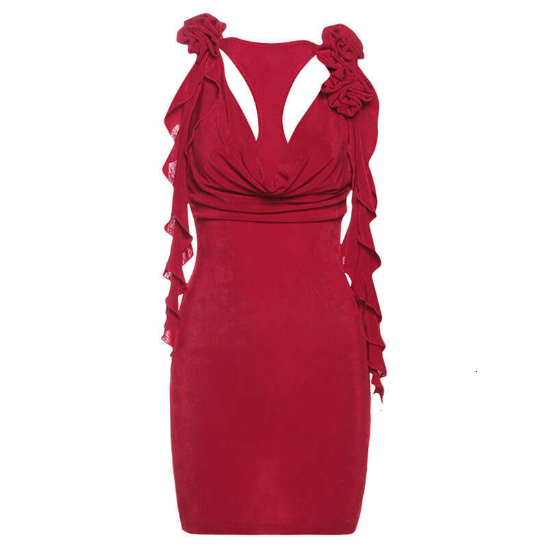 2025 Spring New Women's Solid Color Slim High Waist Street Fashion V-Neck Sleeveless Dress b7b
