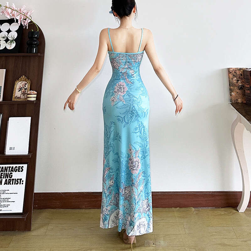 2025 Spring New Women's Solid Color Slim High Waist Fashion Strap Sleeveless Printed Dress 765