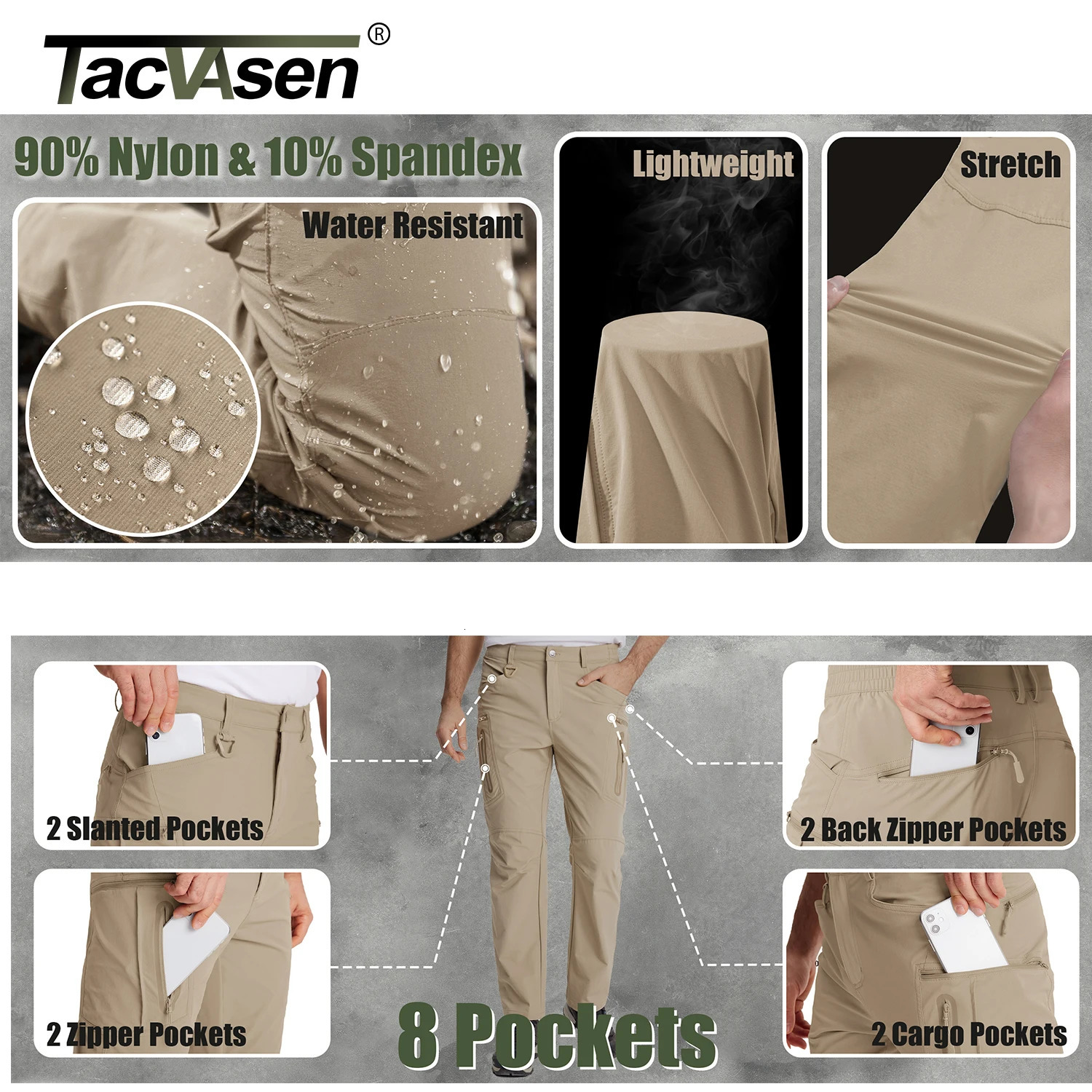TACVASEN Summer Lightweight Trousers Mens Fishing Pants Outdoor Hiking Nylon Quick Dry Pockets Cargo Casual Work 250725