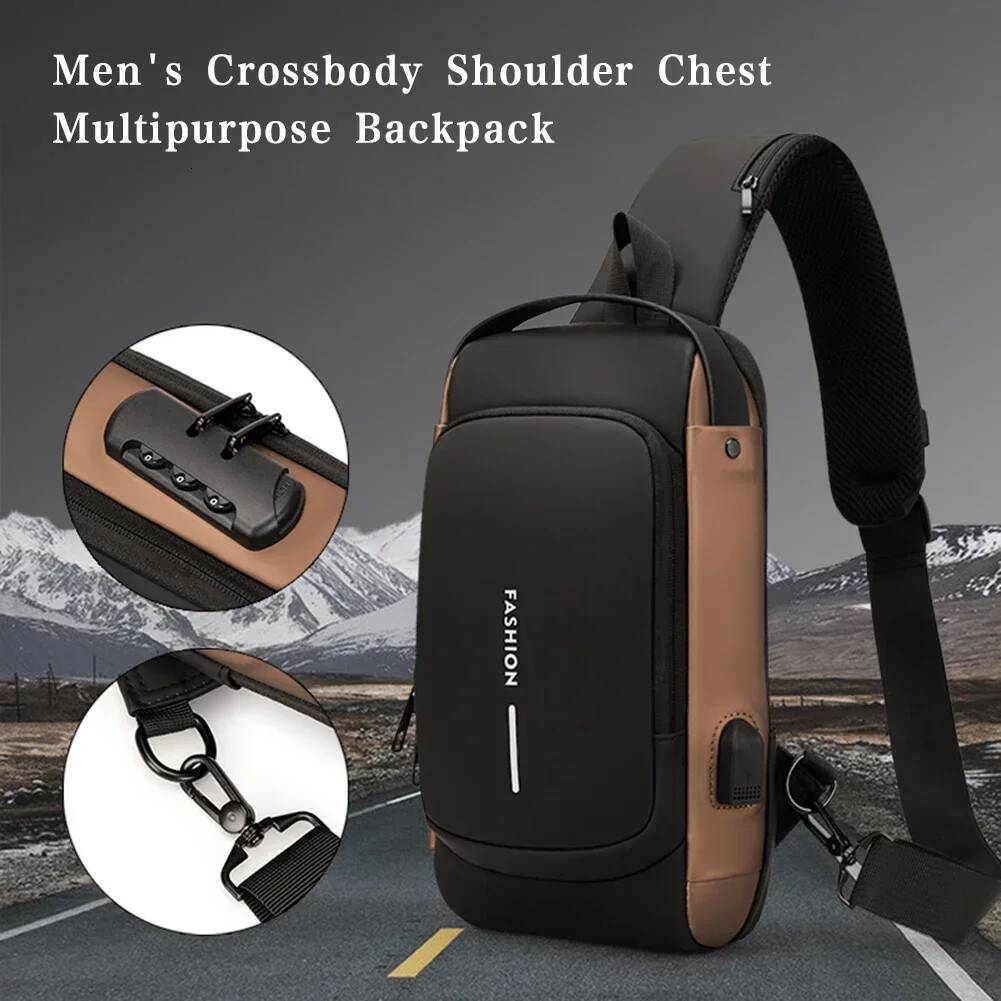 NEW Men Fashion Chest Anti-Theft Tape Portable Backpack With USB Charging Port Male PU Shoulder Outdoor Sports Crossbody Bag